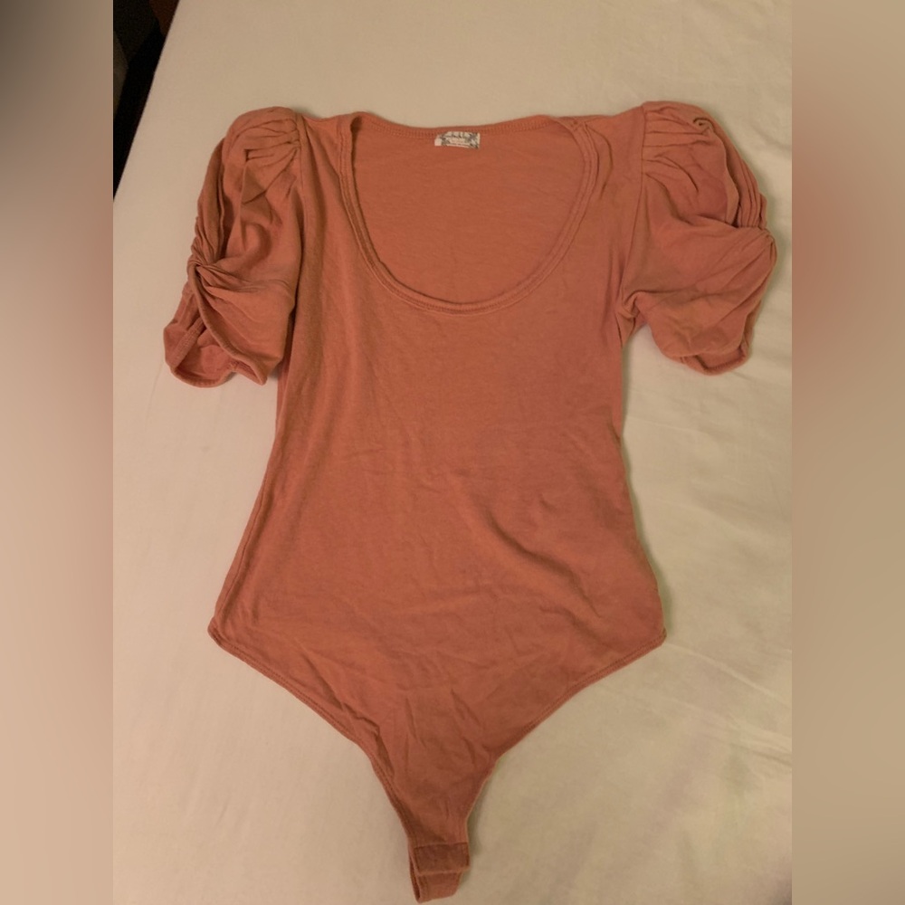 Free People Ava Puff Sleeve Bodysuit in Peach